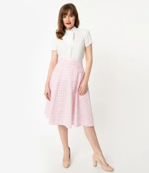 Unique Vintage Retro Pink Checkered Vivien Swing Skirt