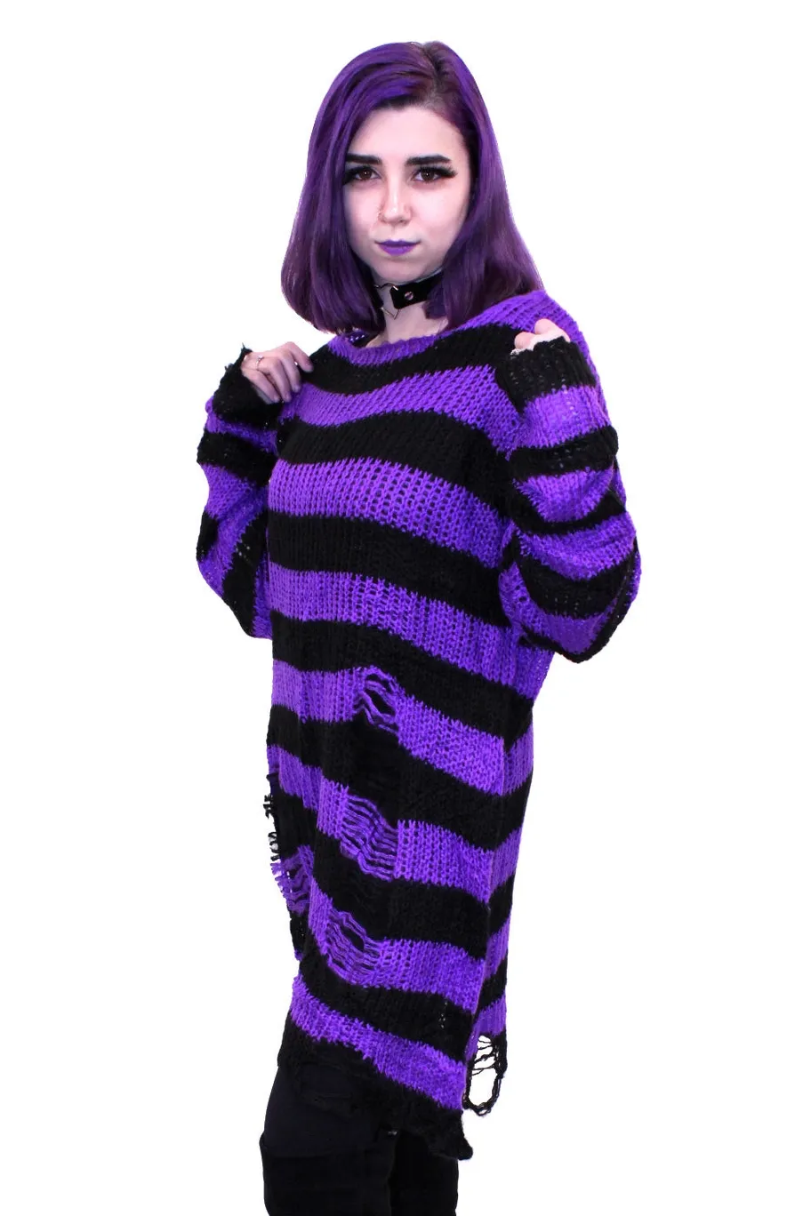 Unisex Purple & Black Striped Distressed Sweater by VampireFreaks