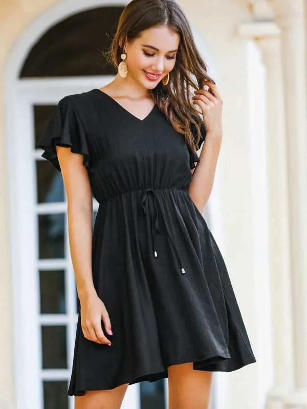 V-neck Flutter Sleeve Tie Front Flowy Dress