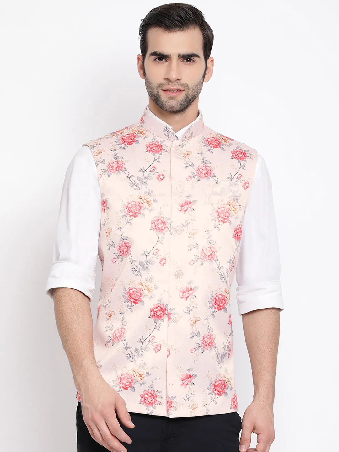 VASTRAMAY Men's Peach Silk Blend Nehru Jacket