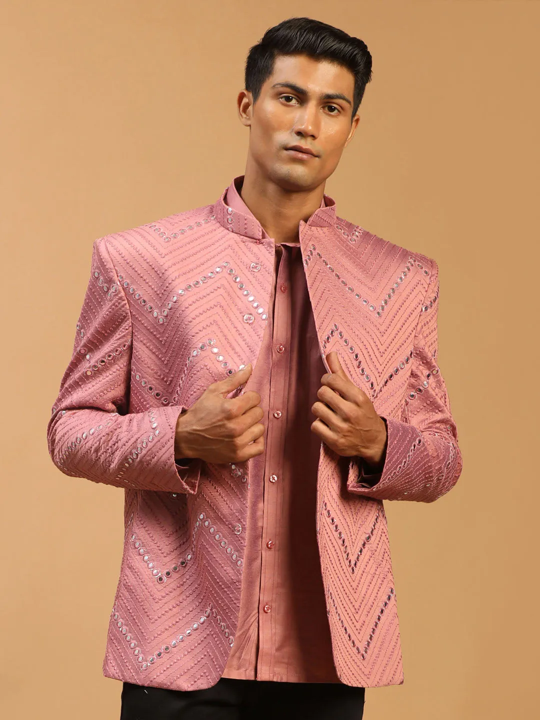 Vastramay Men's Pink Mirror Jodhpuri Set