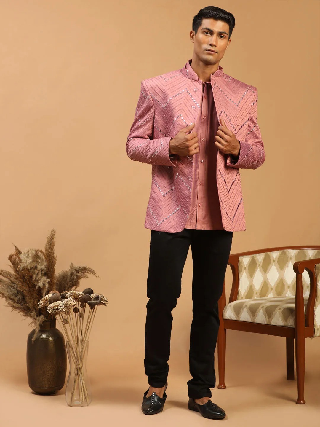 Vastramay Men's Pink Mirror Jodhpuri Set