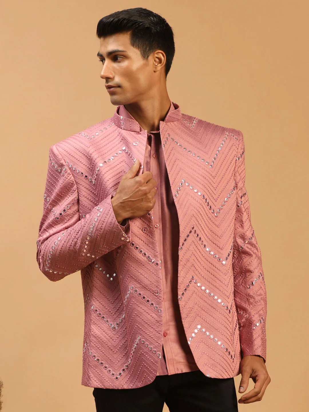 Vastramay Men's Pink Mirror Jodhpuri Set