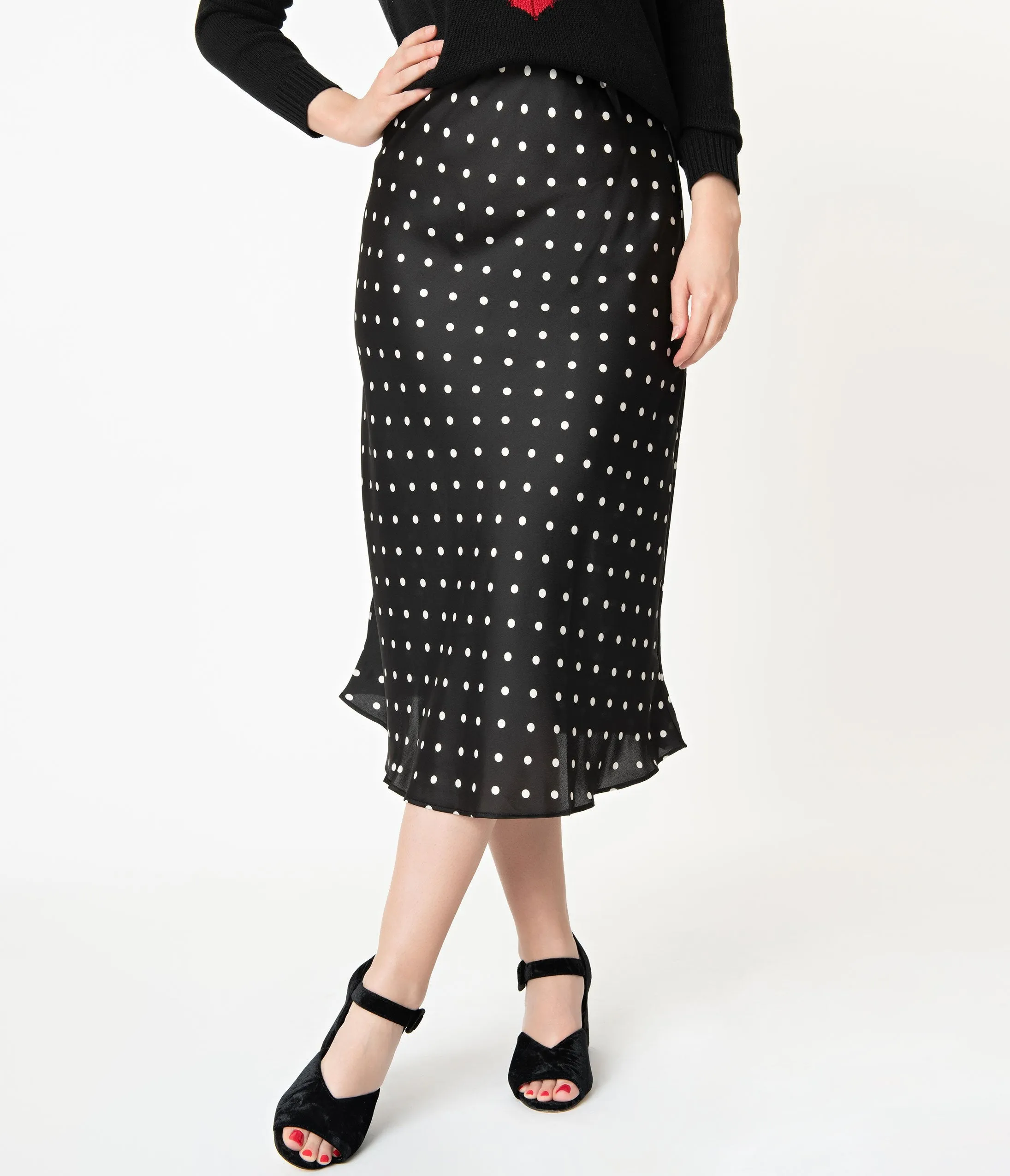 Vintage Style Black & White Polka Dot Midi Skirt