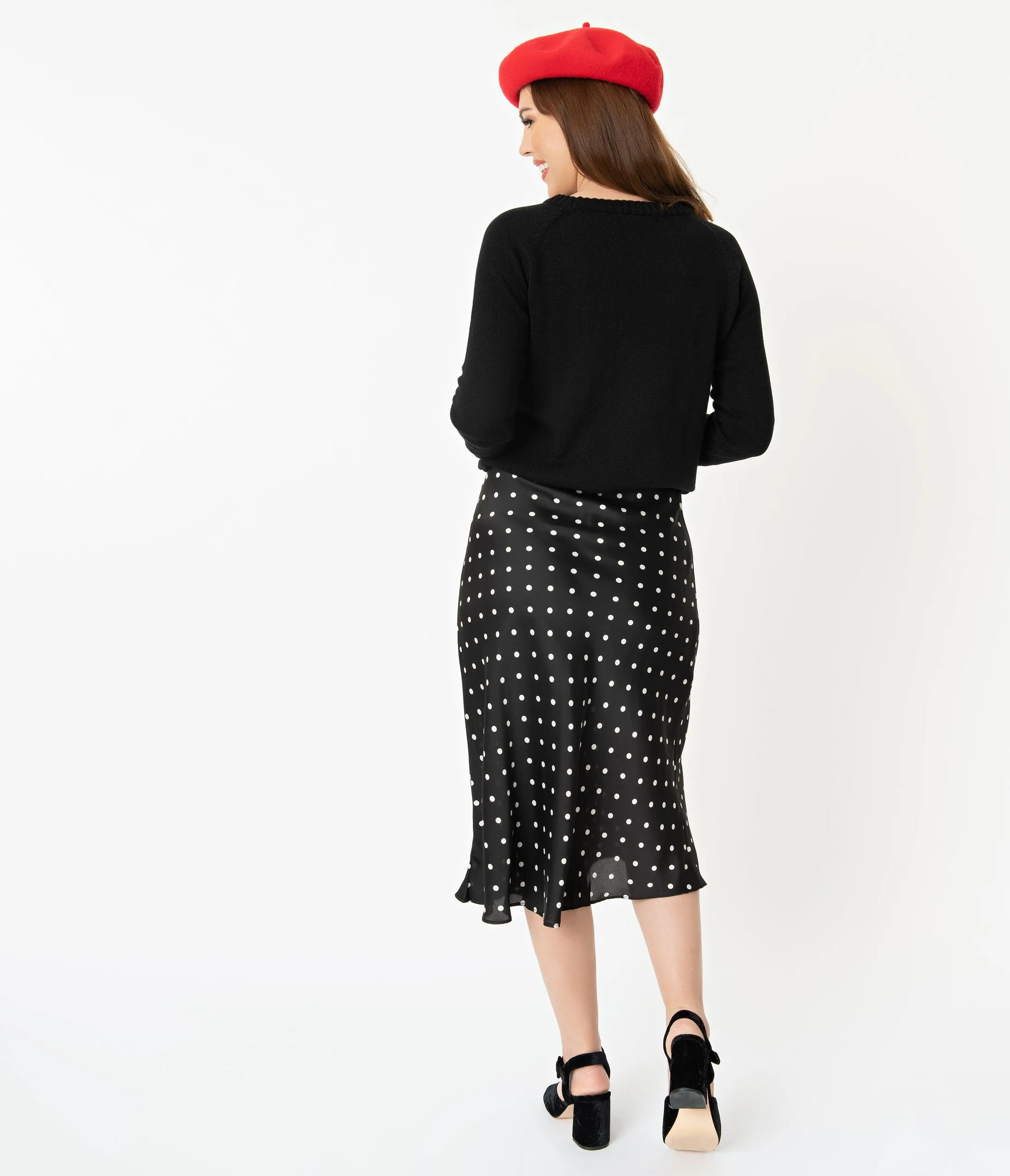 Vintage Style Black & White Polka Dot Midi Skirt