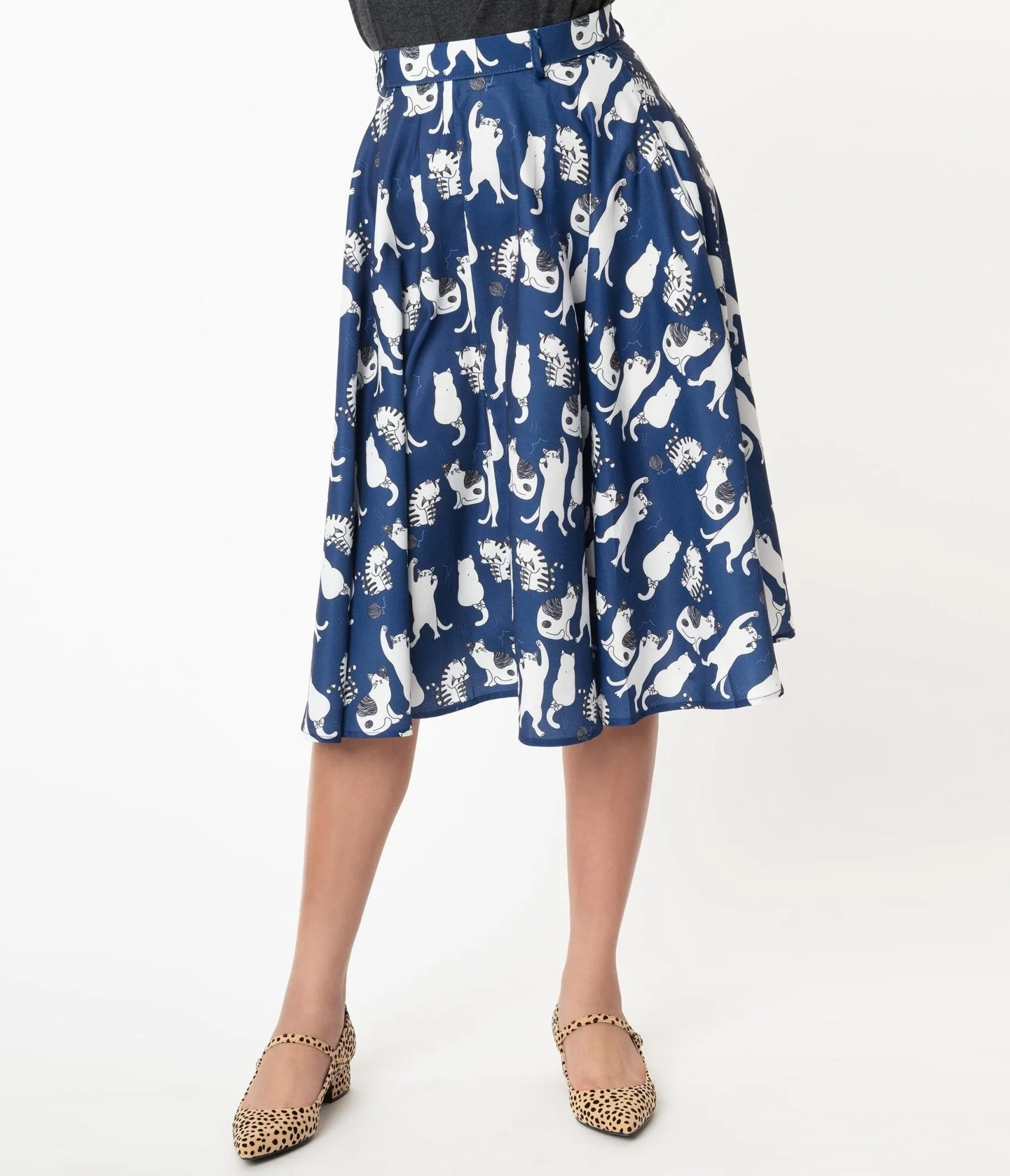 Vintage Style Navy & White Cat Print Swing Skirt