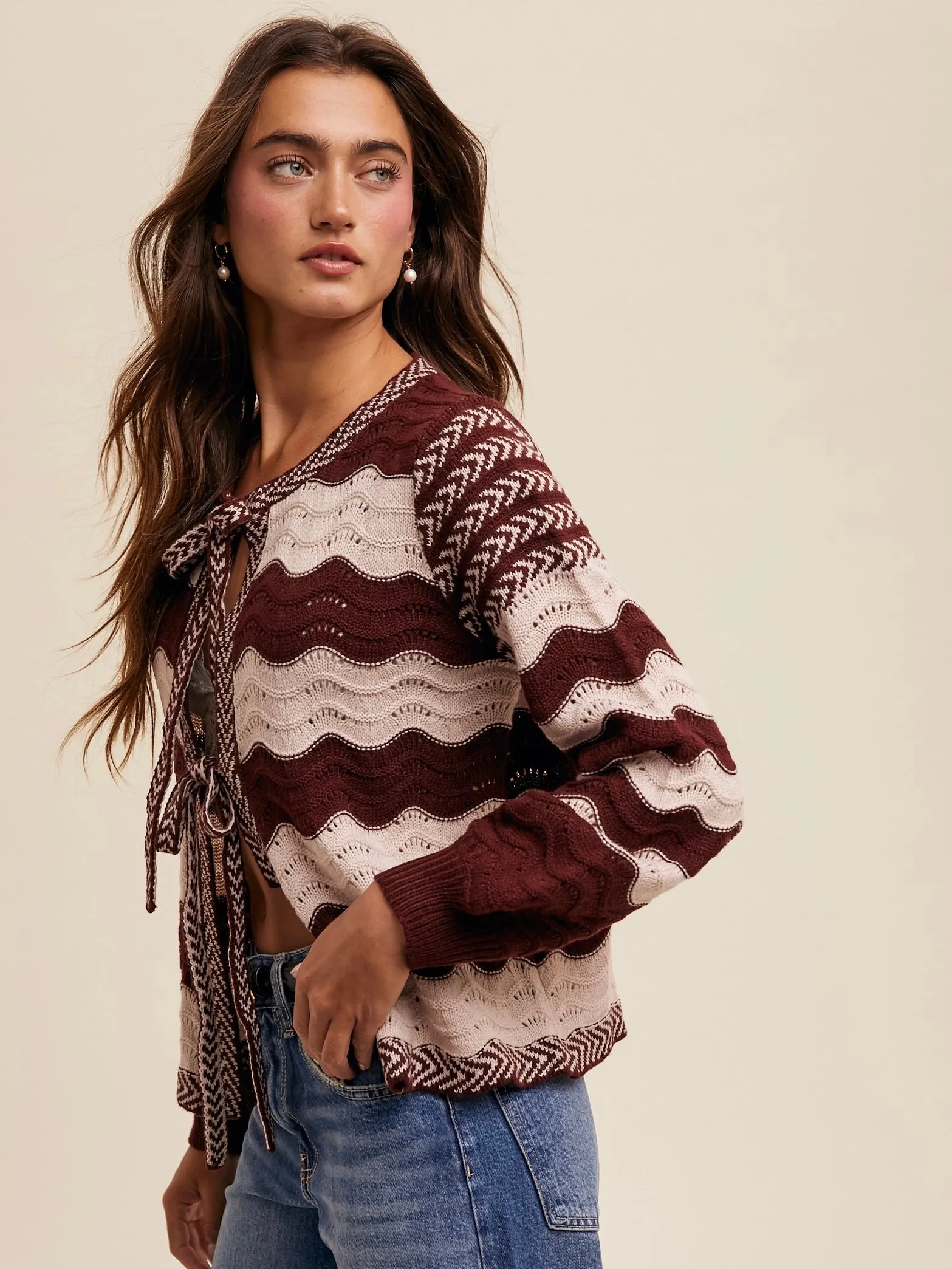 Wavy Stripe Pointelle Knit Bow Cardigan