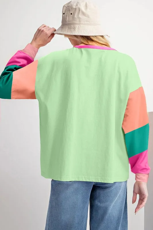 Women Colorblock Patchwork Long Sleeve Loose Top