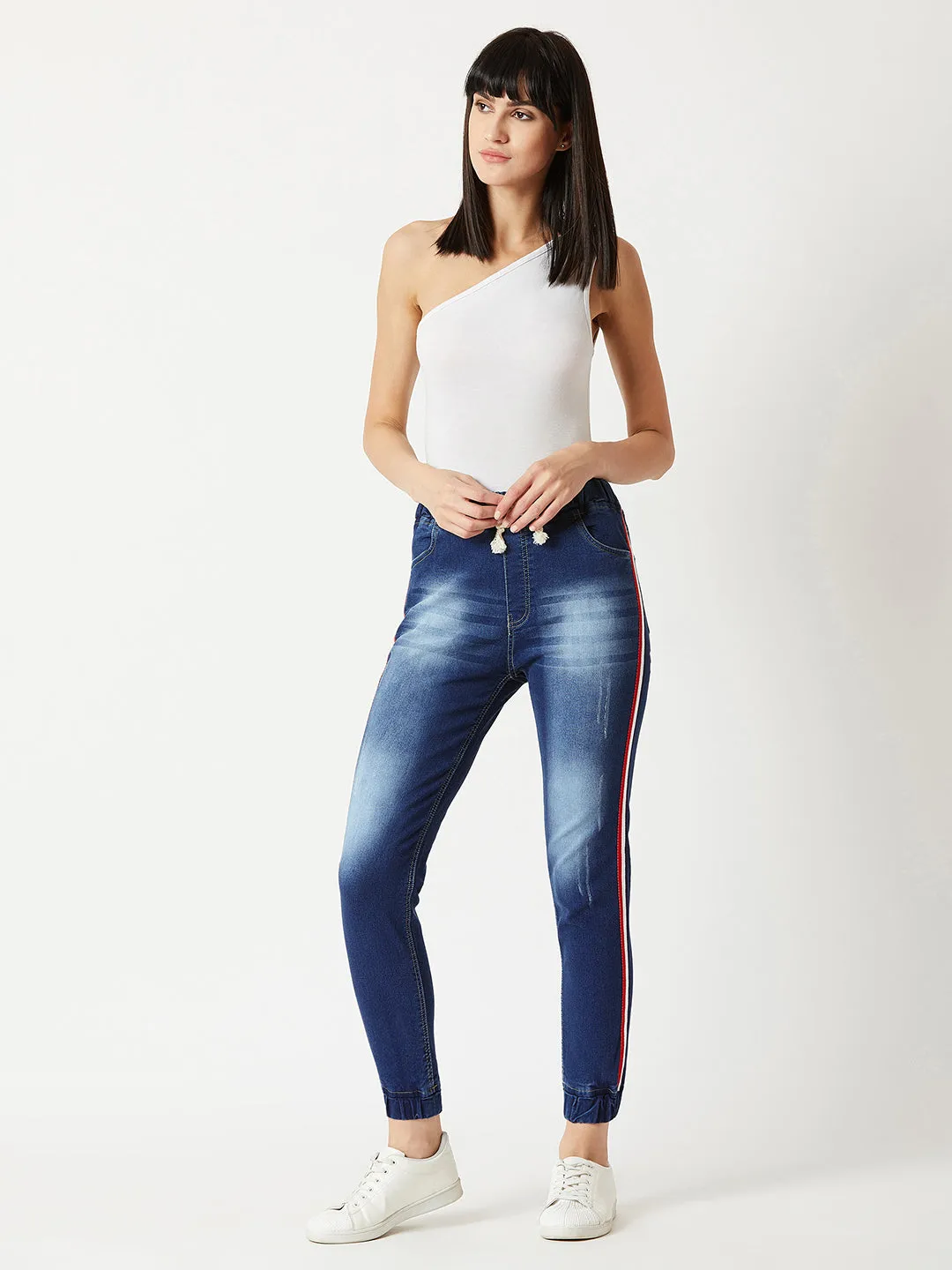 Women's Navy Blue Relaxed Fit Mid Rise Regular Length Multicolored Twill Tape Detailing Scraped Denim Stretchable Jogger Pants