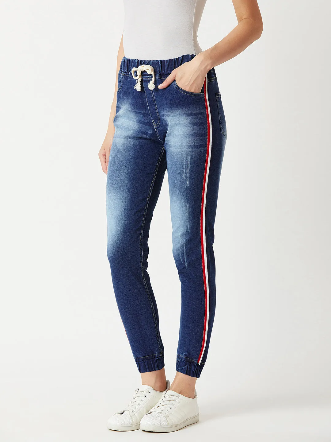 Women's Navy Blue Relaxed Fit Mid Rise Regular Length Multicolored Twill Tape Detailing Scraped Denim Stretchable Jogger Pants