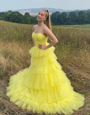 Yellow Long Sweetheart Tulle Princess Prom Dresses